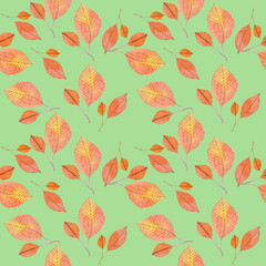 Watercolor seamless pattern with autumn leaves on a green background for fabric, paper, bedding, for decor and wallpaper