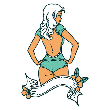 tattoo style icon of a pinup swimsuit girl with banner