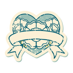 distressed sticker tattoo style icon of a heart and banner with flowers