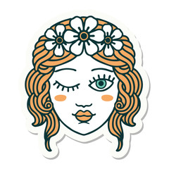 tattoo style sticker of a maidens face winking