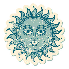 distressed sticker tattoo style icon of a sun with face