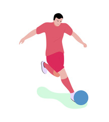 Fototapeta na wymiar Cartoon Man Character in Sportswear Playing Soccer or Football Along Outdoors. Flat Male Sportsman Kicking Ball. Active Game, Summer Sport and Open Air Recreation. Vector Isolated Illustration