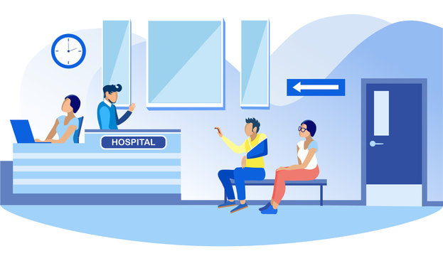 Queue To Trauma Room At Hospital Reception Cartoon. Man And Woman Characters With Injury Sitting In Clinic Hallway. Turn To Traumatologist Cabinet In Rehabilitation Center. Vector Flat Illustration