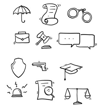 Hand Drawn Law And Justice Line Icons Set Vector Illustration. Contains Such Icon As Arrest, Authority, Courthouse, Gavel, Legal, Weapon And More. Doodle Style