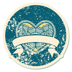 distressed sticker tattoo style icon of a heart and banner with flowers