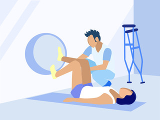 Injured Legs Recovery on Fitball Medical Program. Physiotherapeutic Exercise and Workout. Man Physiotherapist Working with Woman. Rehabilitation Course. Vector Flat Cartoon Illustration