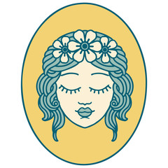 tattoo style icon of a maiden with eyes closed