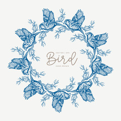 Seamless ribbon border made of birds. Blue vintage. Design for packaging, fabric, textile, paper, frame.