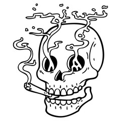 black line tattoo of a skull smoking