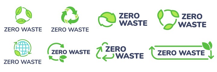Zero waste labels. Green eco friendly label, reduce waste and recycle icon with plant leaves vector set. No plastic ecological protection logo with green recycling arrows signs