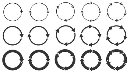 Circle arrows. Round reload or repeat icon, rotate arrow and spinning loading symbol. Circle pointer vector set. Circular rotation loading elements, redo process isolated black pictograms