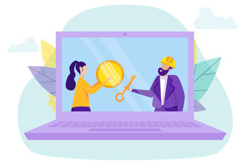 Payment Purchase Housing. Image on Laptop.Vector Illustration. Сoin and Banknote. Сash Savings. Buying House on Credit. Image on Moritor. Key in Hand. Broker and Client. Monitor Screen. Business.