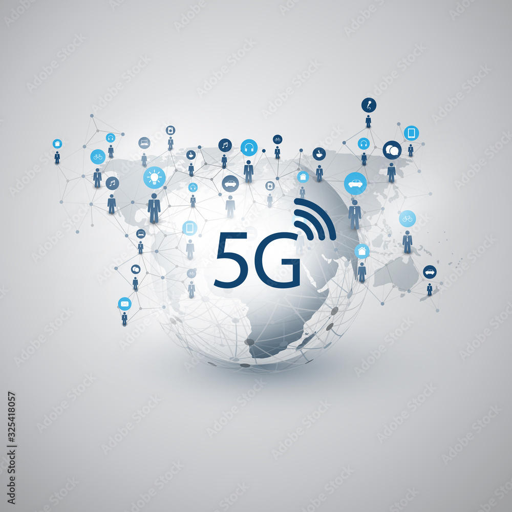 Poster 5g network label with icons representing various kind of devices and services - high speed, broadban
