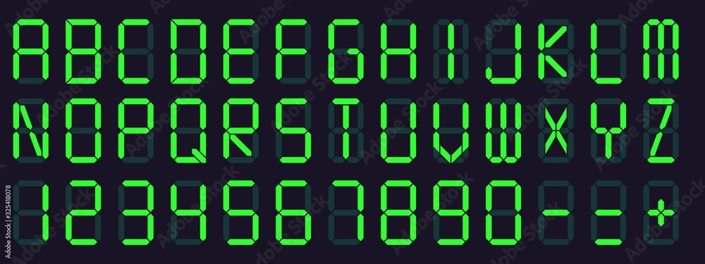 Fototapete digital display font. alarm clock letters and numbers, electronic alphabet and retro calculator scre