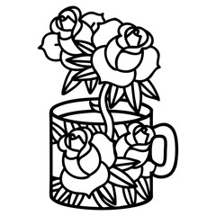 black line tattoo of a cup and flowers