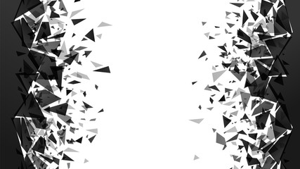 Abstract shatter destruction background. Broken debris pieces, black triangles walls destruction and shattered wall explosion vector background. black particles decoration texture - obrazy, fototapety, plakaty