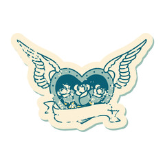 distressed sticker tattoo style icon of a flying heart with flowers and banner