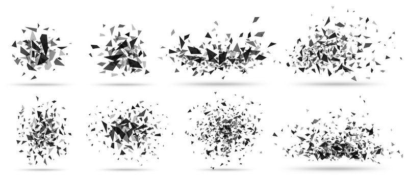 Abstract shatter burst. Geometric texture, dark triangles bursts and broken shattered debris vector set. Flying black shapes explosion, particles spray isolated on white