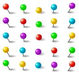 Realistic 3d color plastic push pins with round head and needle in different angles isolated vector set. Office paper fixing accessories and map pointers