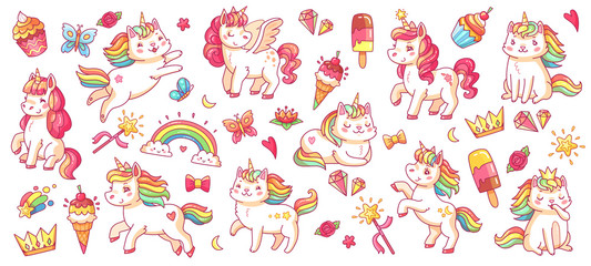 Cute pony and cat unicorns. baby rainbow pegasus and caticorn, diamond and crown, butterfly and magic wand isolated cartoon vector characters set for kids book © Tartila