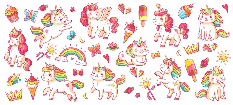 Naklejka Cute pony and cat unicorns. baby rainbow pegasus and caticorn, diamond and crown, butterfly and magic wand isolated cartoon vector characters set for kids book