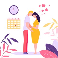 Pregnant Woman and Man Waiting Baby Birth Date. Young Family Couple Prepare Become Parents, Father and Mother, Maternity, Fatherhood, Calendar, Clock, Heart, Leaves. Flat Vector Illustration