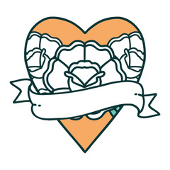 tattoo style icon of a heart and banner with flowers