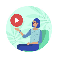 Friendly Smiling Woman Presents New Video Cartoon. Female Developer, Programmer, Designer in Eyeglasses Shows Video App, Online Tutorials or Courses, E-learning. Vector Smart Technology Illustration
