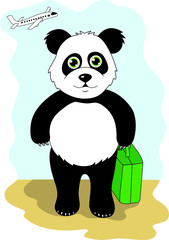 Vector illustration. A panda with a green suitcase goes on vacation. June.