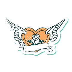 distressed sticker tattoo style icon of a flying heart with flowers and banner