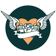 tattoo style icon of a heart with wings flowers and banner