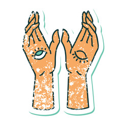 distressed sticker tattoo style icon of mystic hands