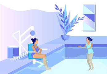 Fototapeta premium Rehabilitation after Injuries and Traumas in Swimming Pool. Cartoon Physically Disabled Female Patient on Special Chair and Woman Physiotherapist Exercising. Aquatic Rehab. Vector Flat Illustration