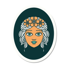 tattoo style sticker of a maiden with crown of flowers