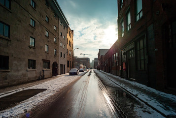 Queen Street in the Morning During Winter in Griffintown, Montreal, Quebec / Canada