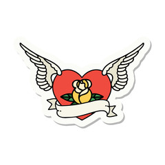 tattoo style sticker of a flying heart with flowers and banner