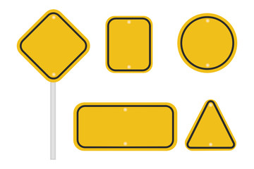 Set of yellow road signs on transparent background.