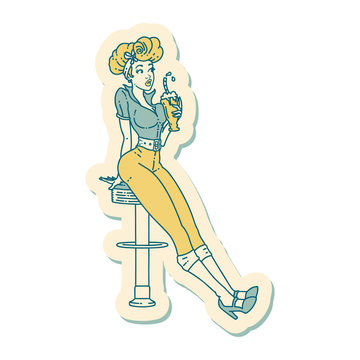 tattoo style sticker of a pinup girl drinking a milkshake