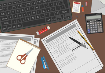 Obraz premium Filling a tax return at the office desk. Calculation of the amount of taxes, preparation of the annual report, reconciliation of documentation, optimization of budget costs. Vector illustration.