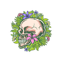 Skull and exotic tropical flowers, hand drawn line with digital color, vector illustration