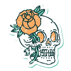 distressed sticker tattoo style icon of a skull and rose