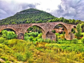 Fototapeta na wymiar old stone bridge over the river near Barcelona