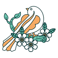 tattoo style icon of a bird on a branch