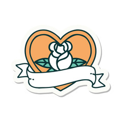 tattoo style sticker of a heart rose and banner