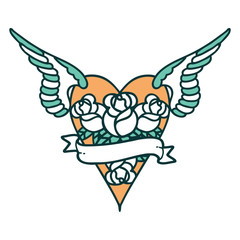 tattoo style icon of a flying heart with flowers and banner