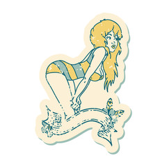 distressed sticker tattoo style icon  of a pinup girl in swimming costume with banner