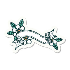 tattoo style sticker of a banner and flowers