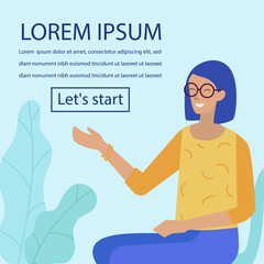 Advertisement with Cartoon Friendly Smiling Woman in Glasses Pointing on Promotional Editable Text. Advertising Banner for Business, E-commerce, New Marketing Product. Vector Flat Illustration