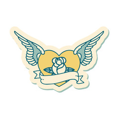 tattoo style sticker of a flying heart with flowers and banner