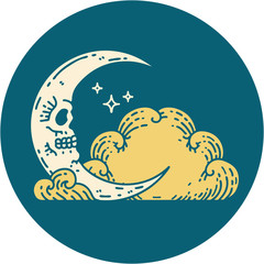 tattoo style icon of a skull crescent moon and clouds